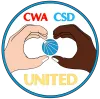 The CWA-CSD Workers United logo. Shows two hands, one African American and one white, signing the American Sign Language word for "communication".