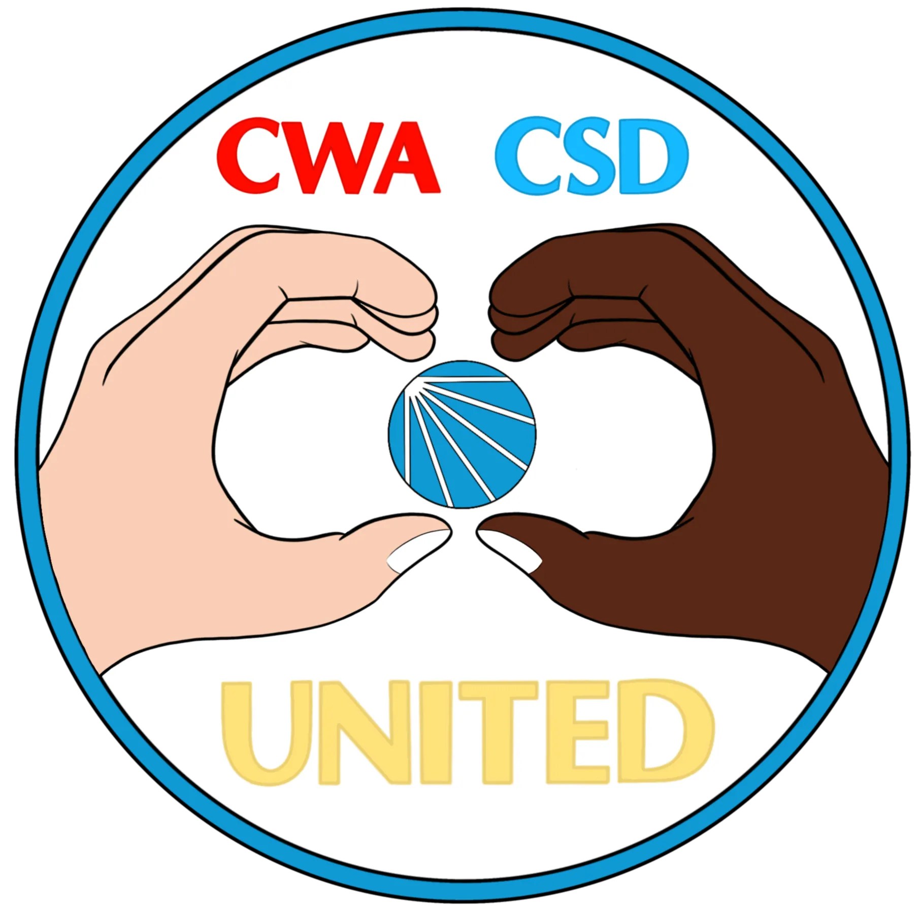 The CWA-CSD Workers United logo. Shows two hands, one African American and one white, signing the American Sign Language word for "communication".