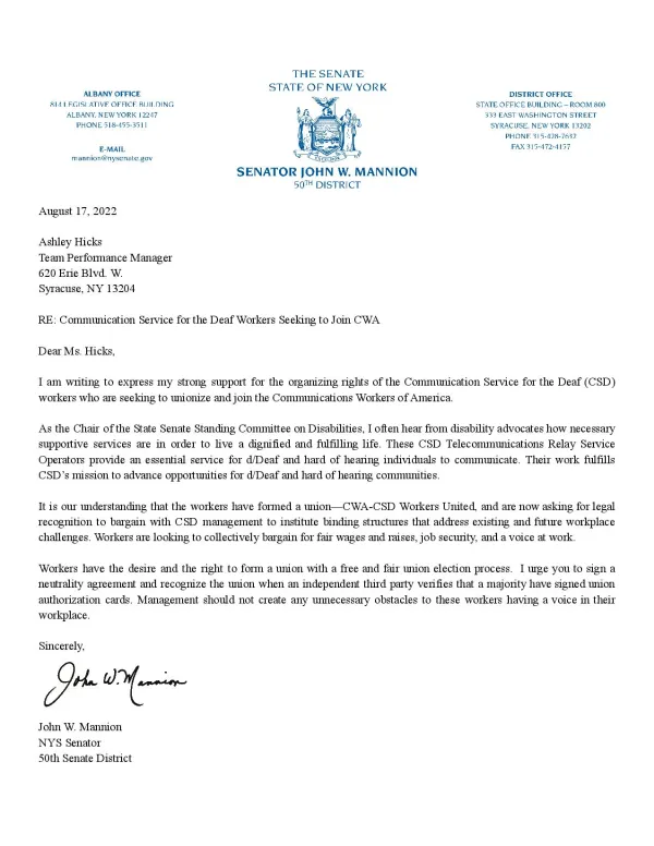 support letter from NY State Senator John Mannion 