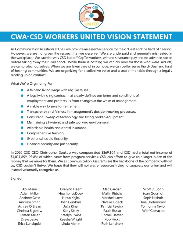 CWA-CSD Workers United Vision Statement