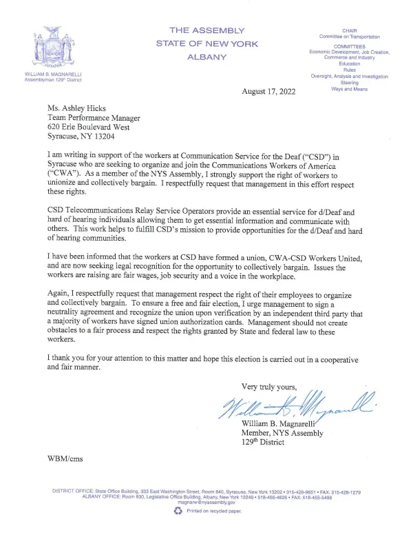 Letter of Support from Assemblyman William Magnarelli